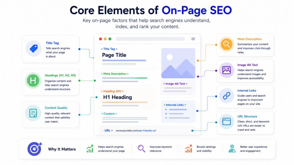 Core elements of On-Page and Off-Page SEO infographic showing title tags, meta descriptions, headings, content quality, image alt text, internal links, and URL structure.