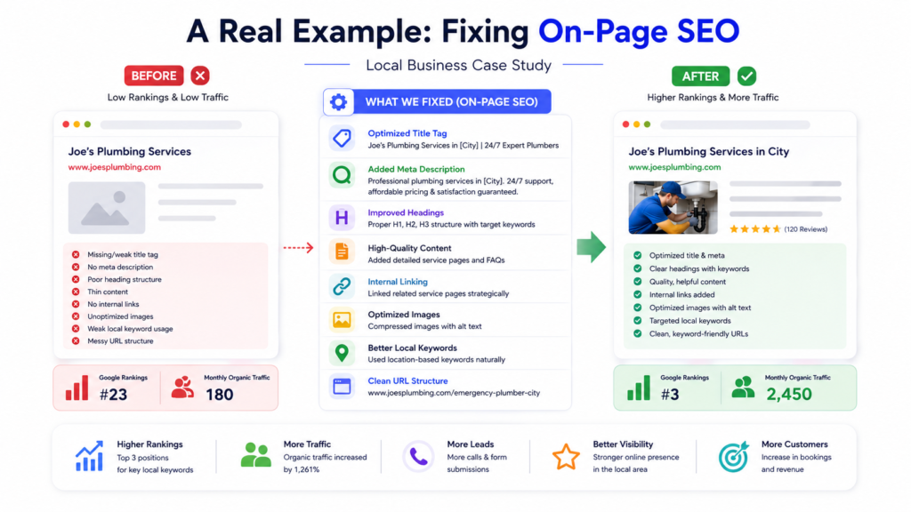 On-Page and Off-Page SEO case study infographic showing how fixing on-page SEO improved a local business's rankings, organic traffic, and website performance.